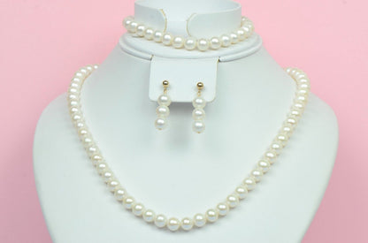 14k Yellow Gold Genuine White Pearls 3pcs Set: Necklace, Bracelet, Earrings