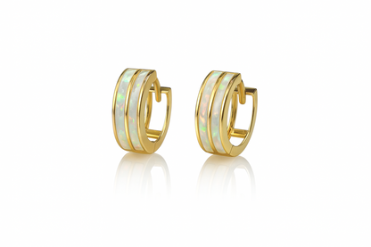 14k Yellow/White Gold Double Row White Opal Huggie Hoop Earrings
