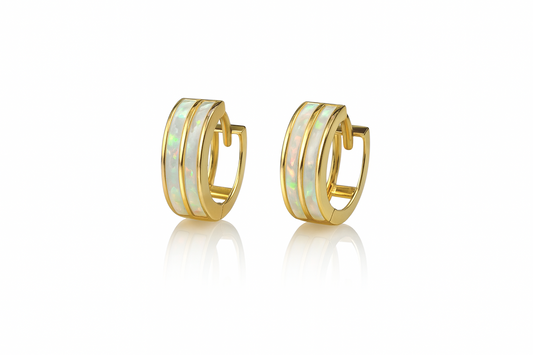 14k Yellow/White Gold Double Row White Opal Huggie Hoop Earrings