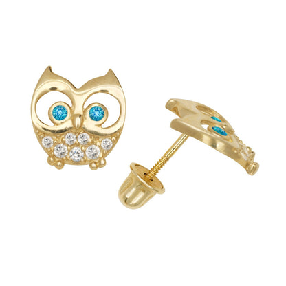 14K Yellow & White Gold Elegant Owl Shaped Studs Earrings for Women