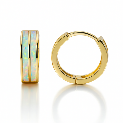 14k Yellow Gold Double Row White Opal Huggie Hoop Earrings