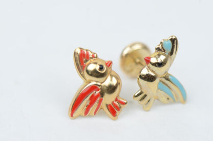 14k Yellow Gold Beautiful Enamel Bird Baby Earrings, Screw Back