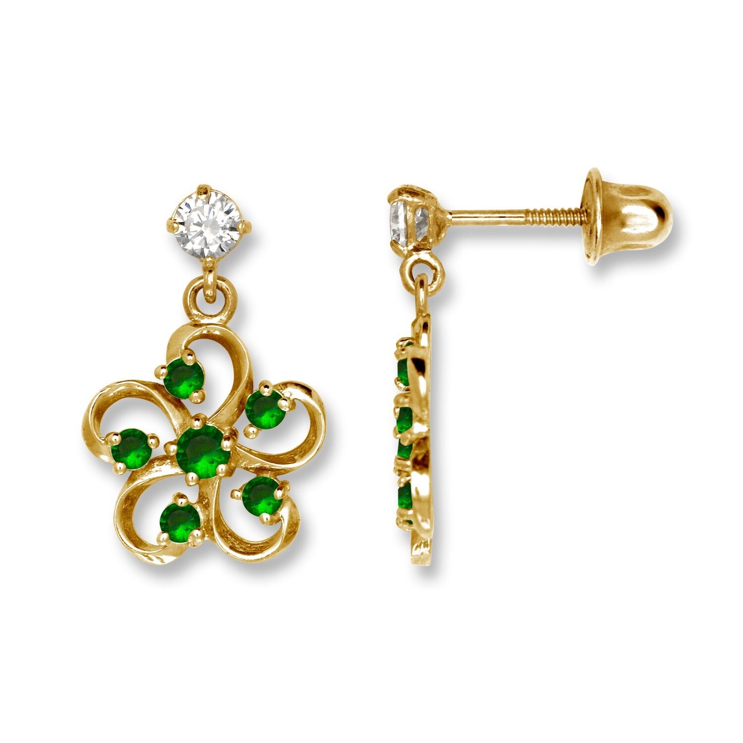 14K Yellow & White Gold Flower Screw Back Dangle Earrings for Women