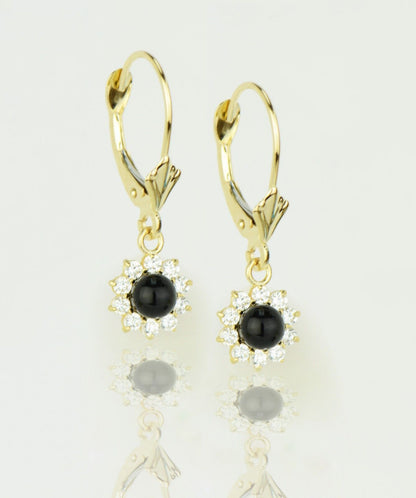 14k Yellow Gold Onyx Flower CZ Dangle Earrings