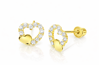 14K Yellow or White Gold Double Heart Stud Earrings with CZ  (Cubic Zirconia)