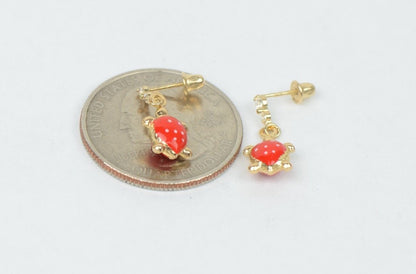 14K Solid Yellow Gold Turtle Enamel Dangle Screw Back Baby Earrings