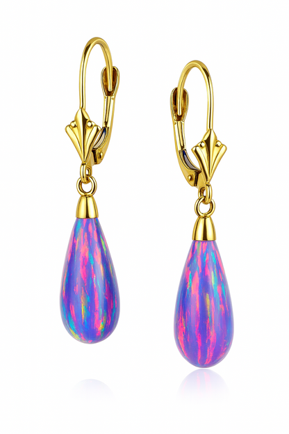 14k Yellow Gold Opal Leverback Earrings