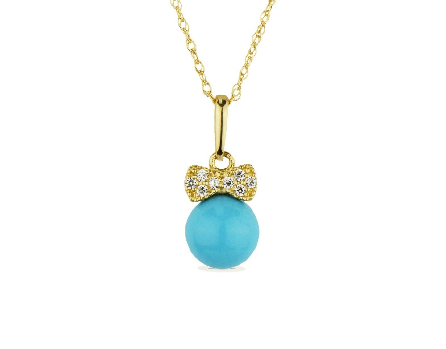 14K Yellow Gold Bow Tie Turquoise CZ Pendant Necklace Rope Chain