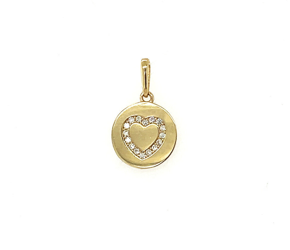 14k Yellow/ White/ Rose Gold Disc Heart CZ Pendant