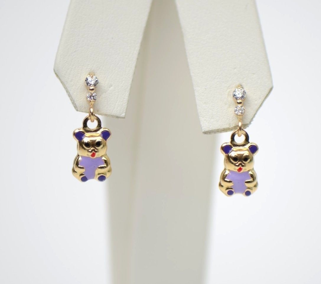 14K Solid Yellow Gold Teddy Bear Dangle Earring with Enamel