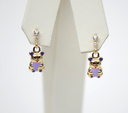 14K Solid Yellow Gold Teddy Bear Dangle Earring with Enamel