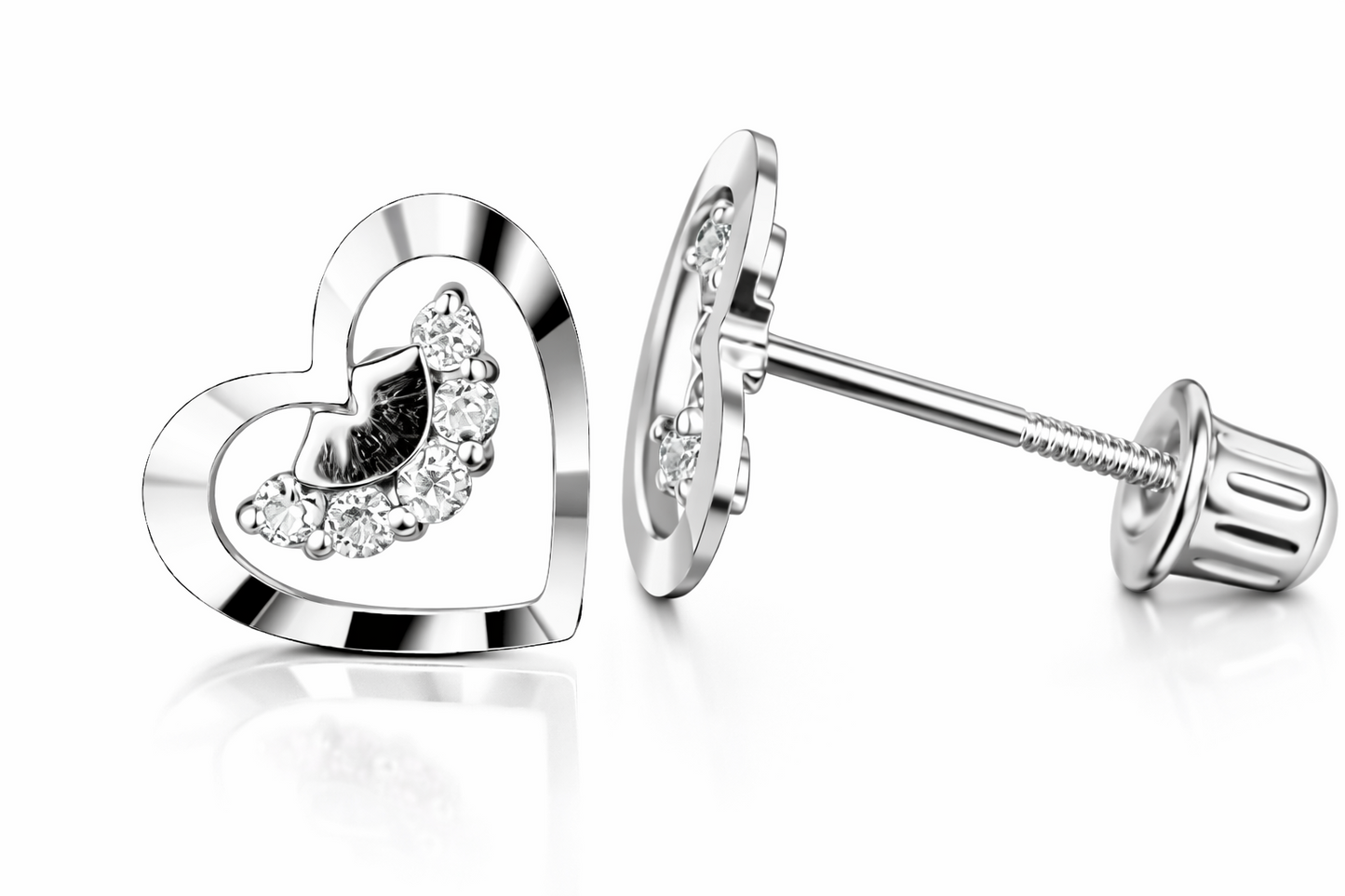 14k Solid Yellow or White Gold Heart Shape CZ Stud Earrings