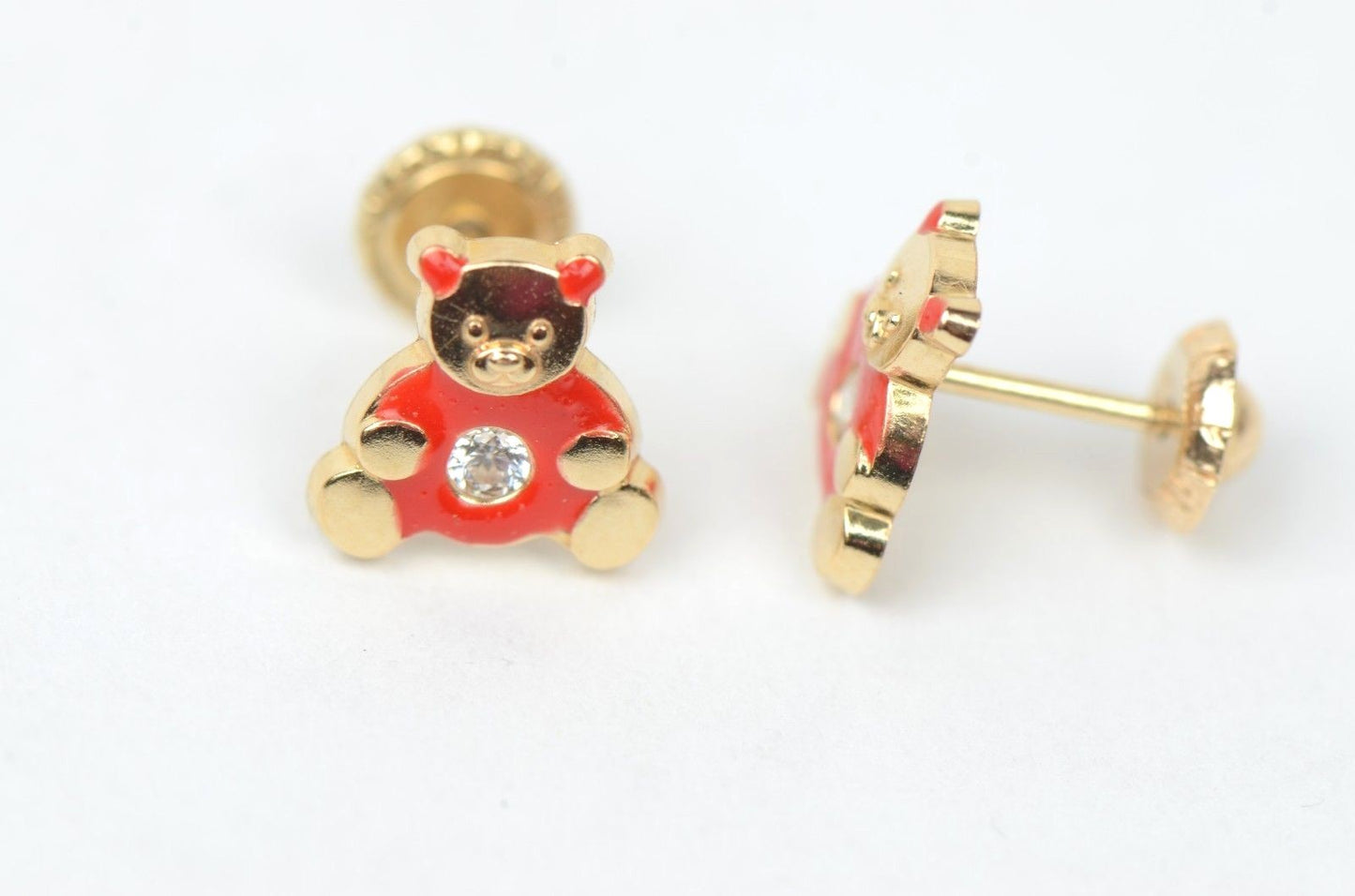 14k Yellow Gold Baby Enamel CZ Teddy Bear earrings, Screw Back