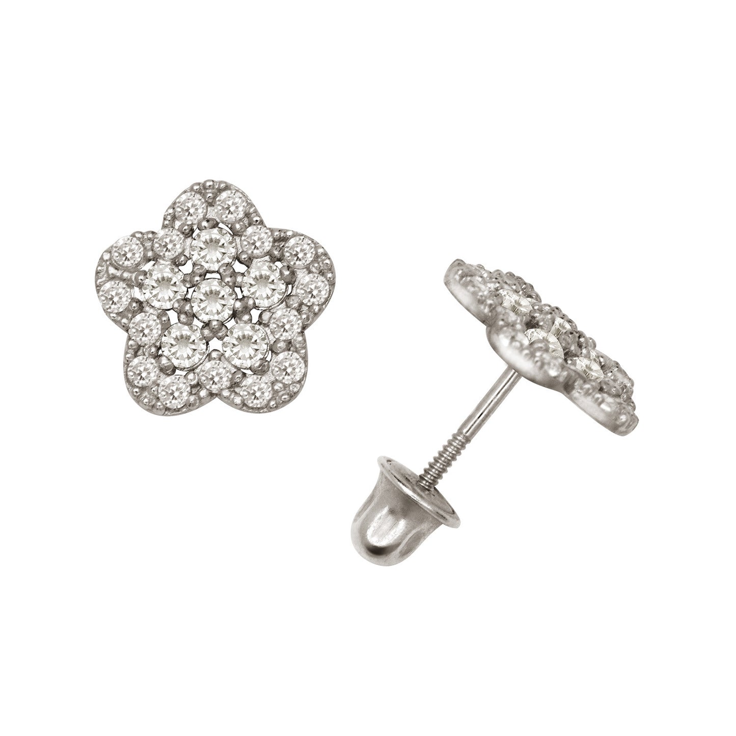 14k Yellow or White Gold CZ Flower Birthstone Stud Screw Back Earrings
