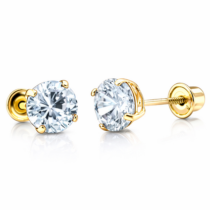 14K Solid Yellow Gold 6mm Round Birthstone Stud Earrings with screw back