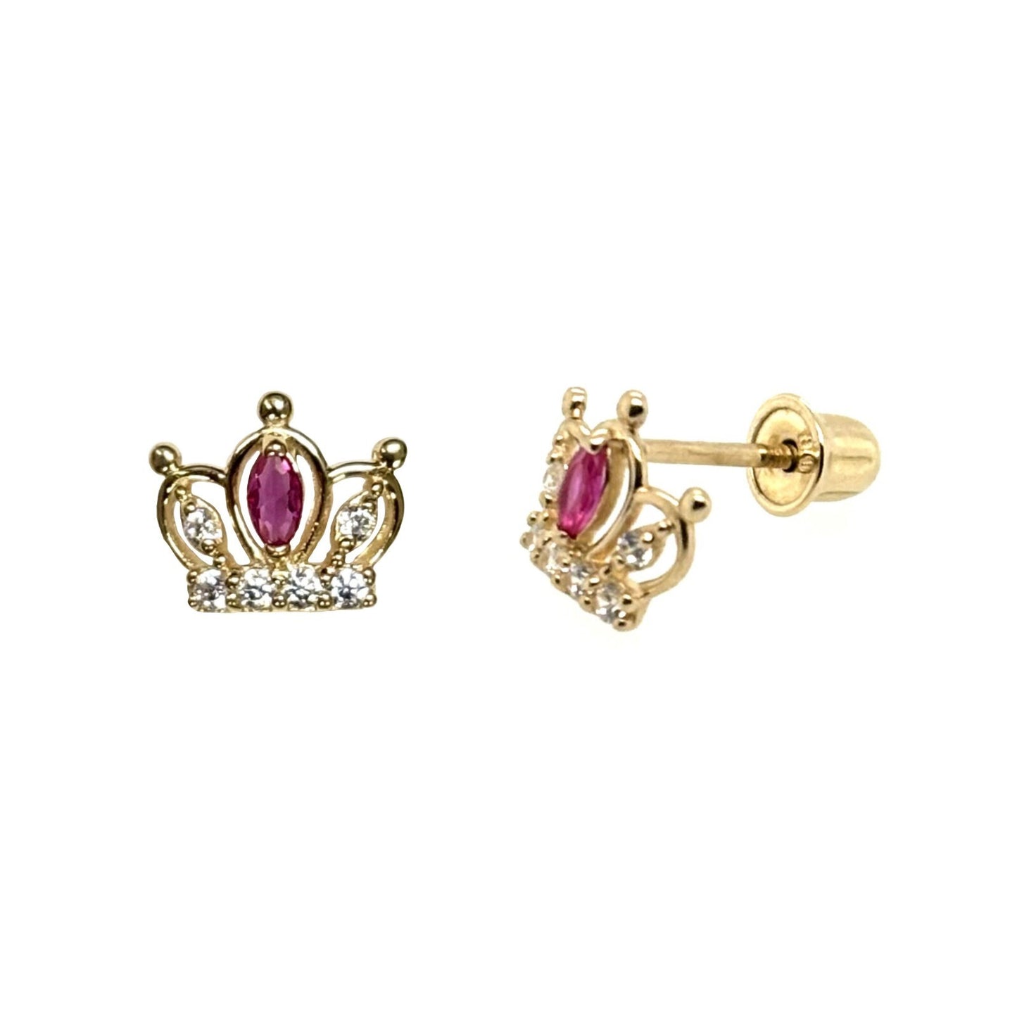 14K Solid Yellow Gold Crown Screw Back CZ Stud Earrings