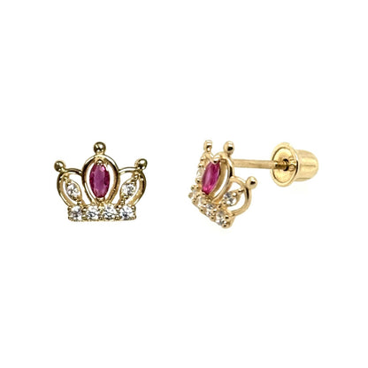 14K Solid Yellow Gold Crown Screw Back CZ Stud Earrings