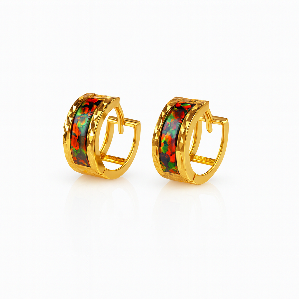 14k Yellow Gold Black Opal Huggie Hoop Earrings