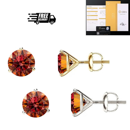 14K Gold GRA CertifiedD-VVS1 Watermelon Red Moissanite ScrewBack Stud Earrings