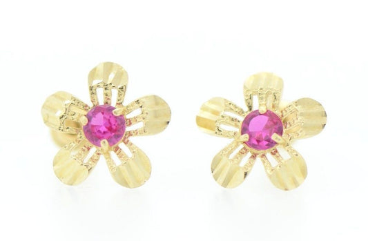 yellow gold 14k flower earrings cz stud back screw