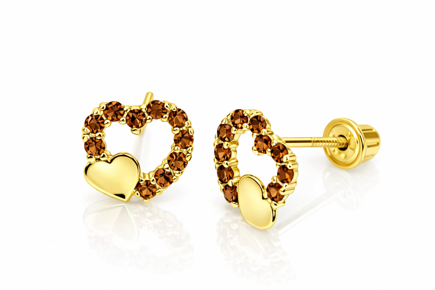 14K Yellow or White Gold Double Heart Stud Earrings with CZ  (Cubic Zirconia)