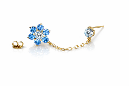14k Yellow Gold Flower CZ Stud Earrings with chain Push back