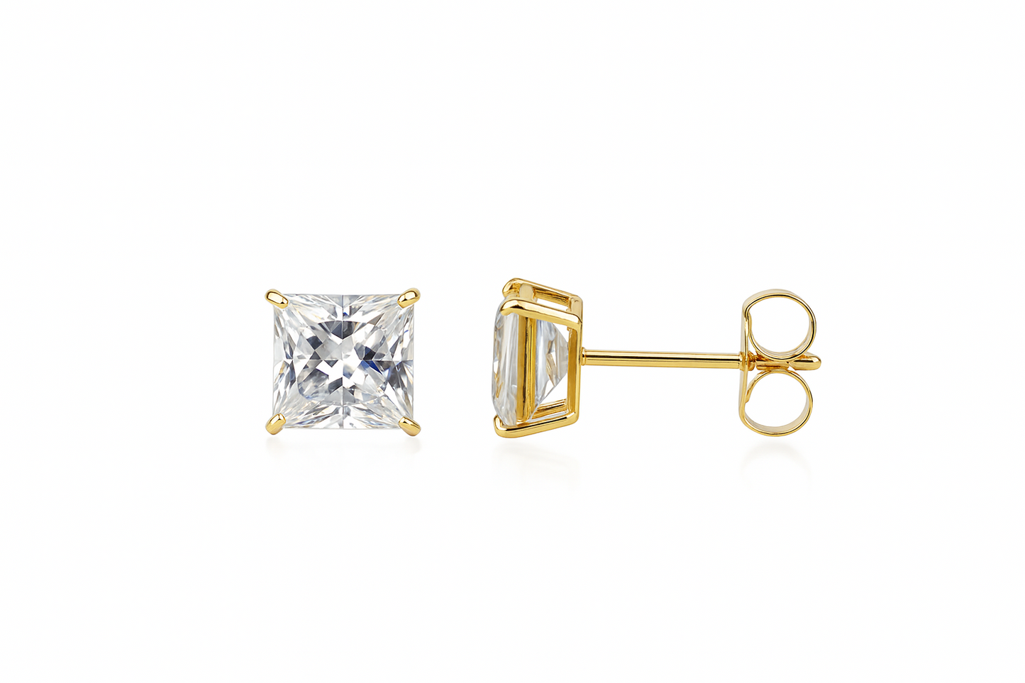 14k Heavy Basket Yellow Gold Square AAA Quality CZ Stud Earrings with Push Back