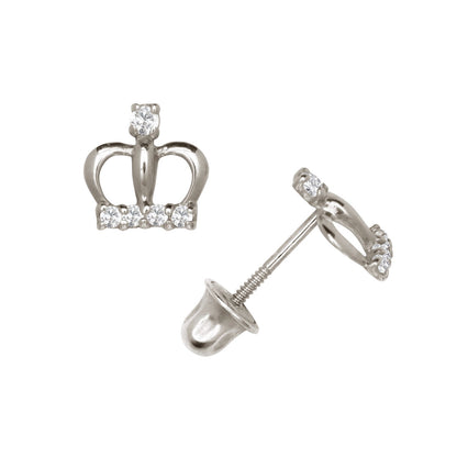 14K Yellow & White Gold Pretty CZ Crown Stud Earrings for Women