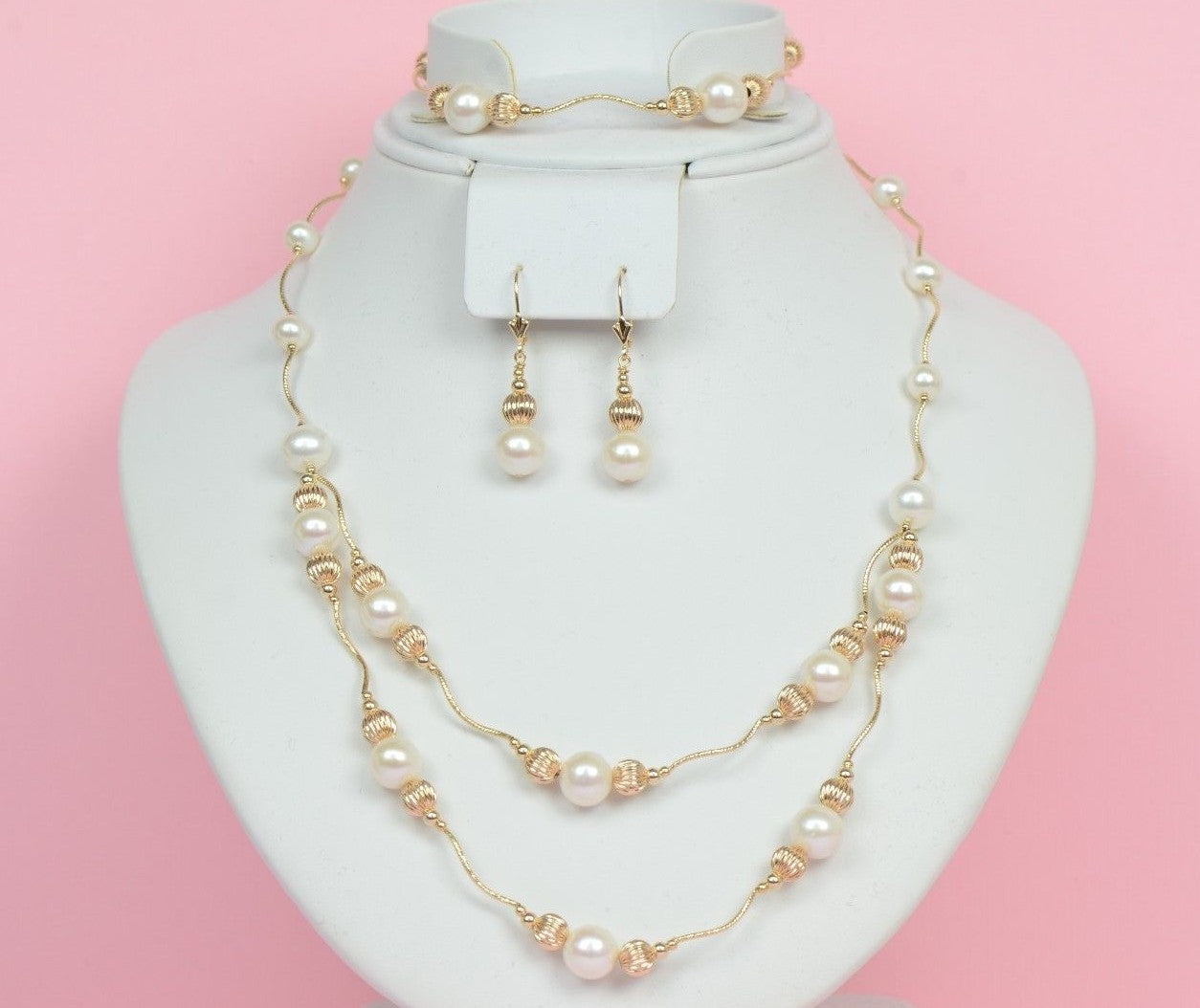 14K Yellow Gold Natural White genuine Pearl Necklace, Bracelet,  Earrings Set
