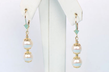 14k Yellow Gold Genuine White Pearls 3pcs Women Set:Necklace, Bracelet, Earrings