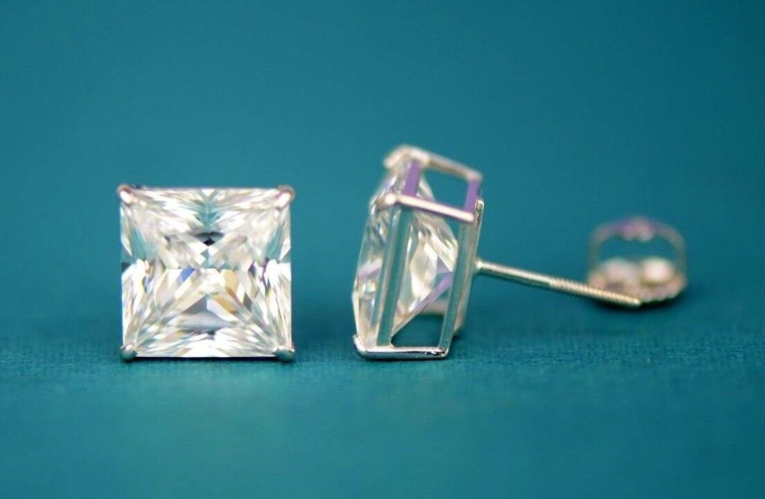 14k Heavy Basket White Gold Square AAA Quality CZ Stud Earrings with Screw Back