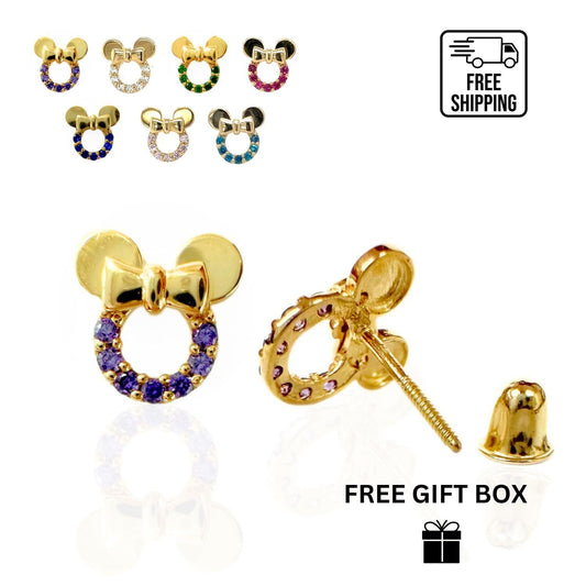14K Yellow Gold Miss Mouse Earrings Screw Back