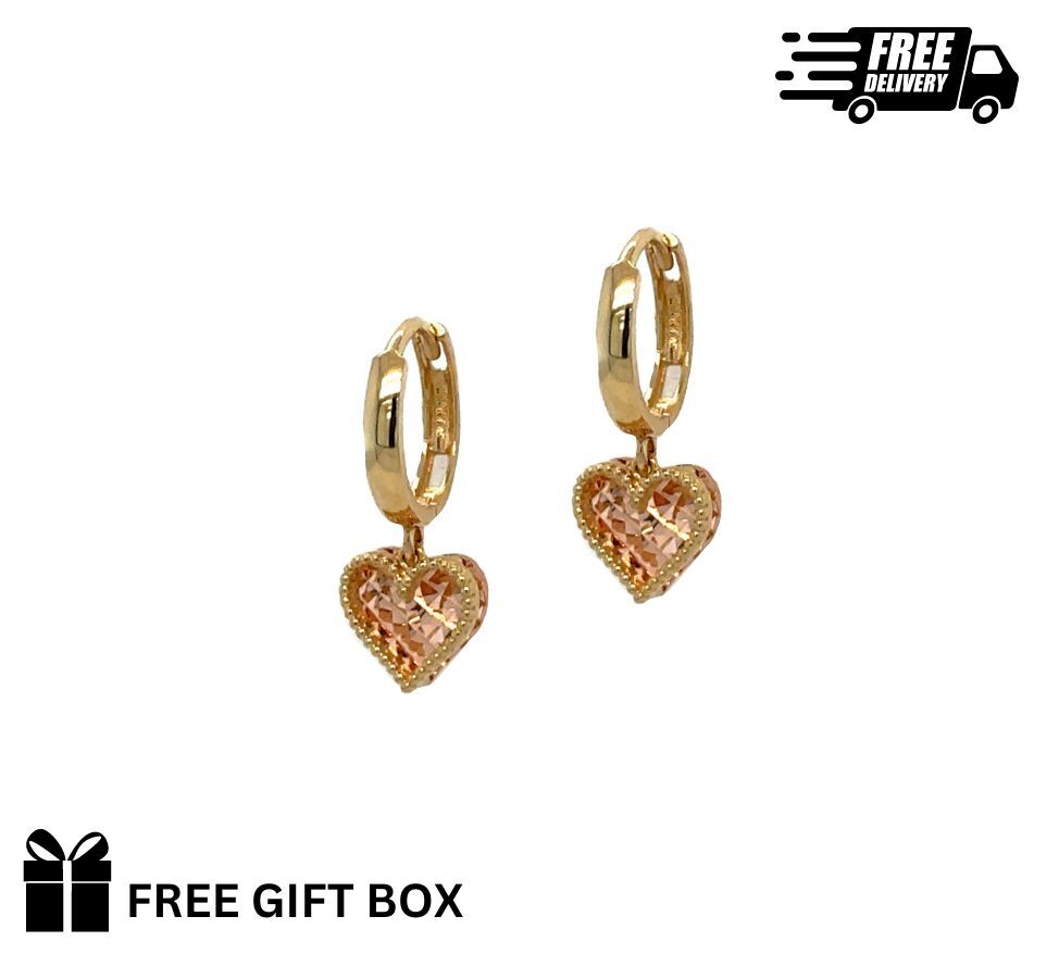 14k Yellow and Rose Gold Dangle Heart Hoop Huggie Earrings