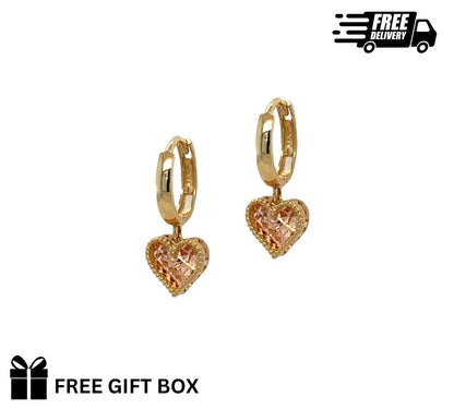 14k Yellow and Rose Gold Dangle Heart Hoop Huggie Earrings