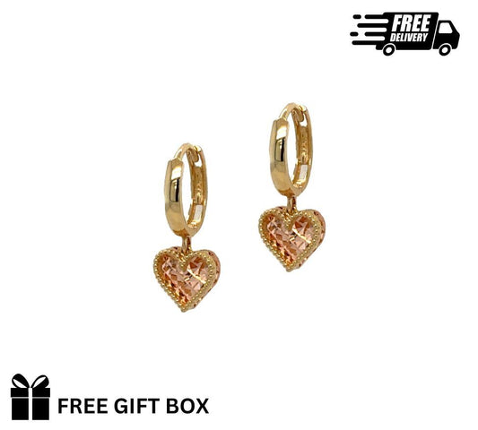 14k Yellow and Rose Gold Dangle Heart Hoop Huggie Earrings