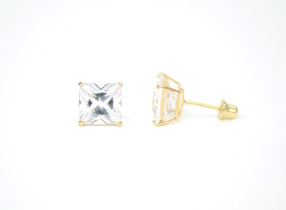 14k Yellow Gold Square Princess Cut CZ Stud Earrings with screw back