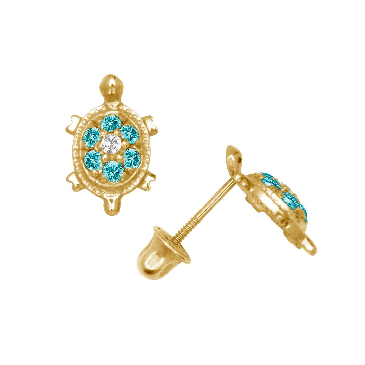 14K Yellow & White Gold  Pretty Turtle CZ Stud Earrings for Women