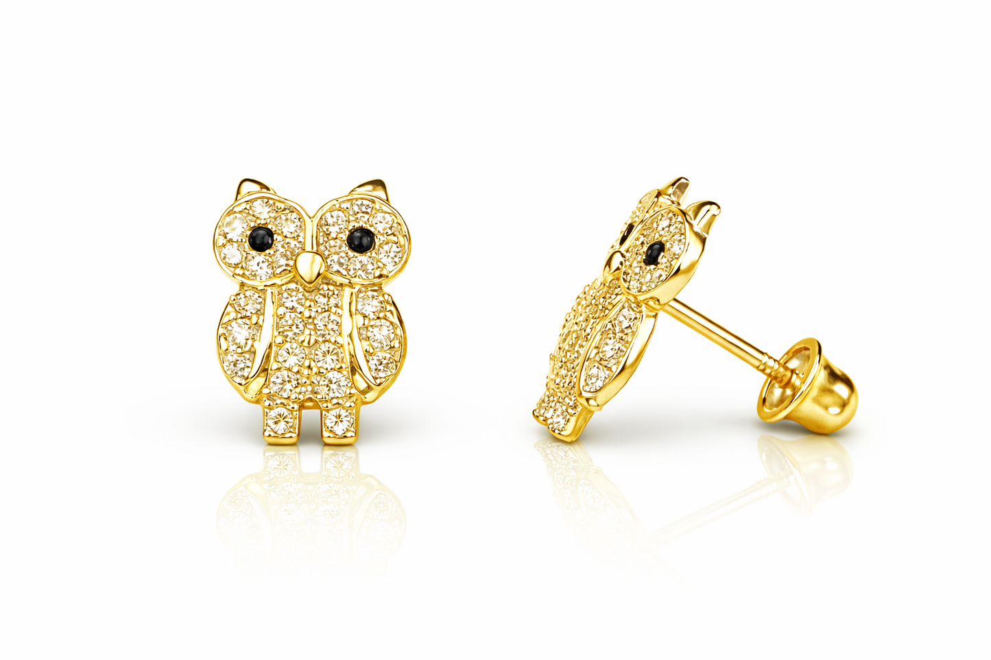 14k Solid Yellow or White Gold Owl Screw Back Stud Earrings with CZ