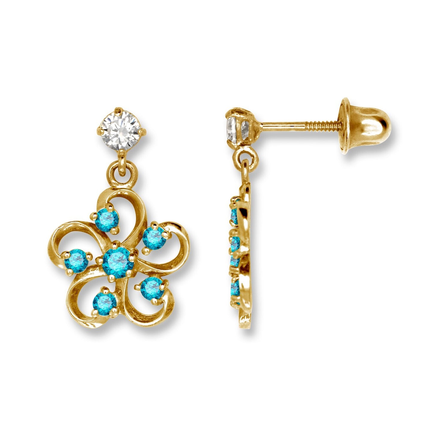 14K Yellow & White Gold Flower Screw Back Dangle Earrings for Women