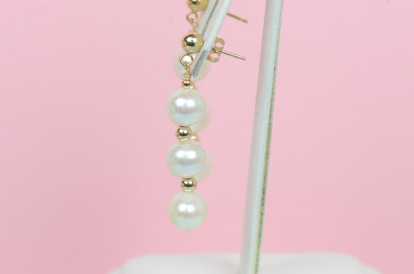 14K Yellow Gold Natural genuine White Pearl Necklace, Bracelet, Earrings Set