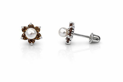 14k Yellow or White Gold Flower CZ Stud Earrings White Pearl with Screw Back