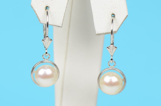 14k Yellow or White Gold Leverback Dangle White Natural Pearl Earrings