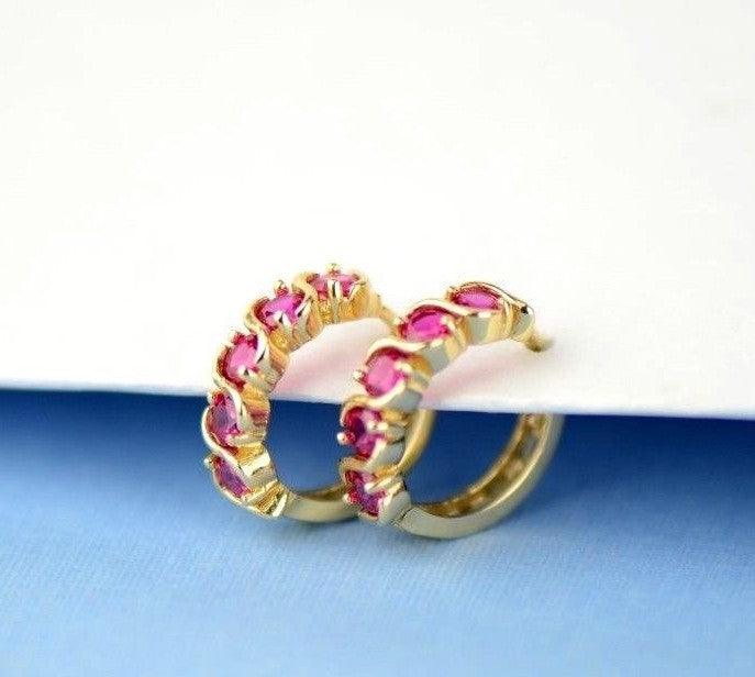 14k Yellow Gold Fancy Huggie Hoop CZ Earrings