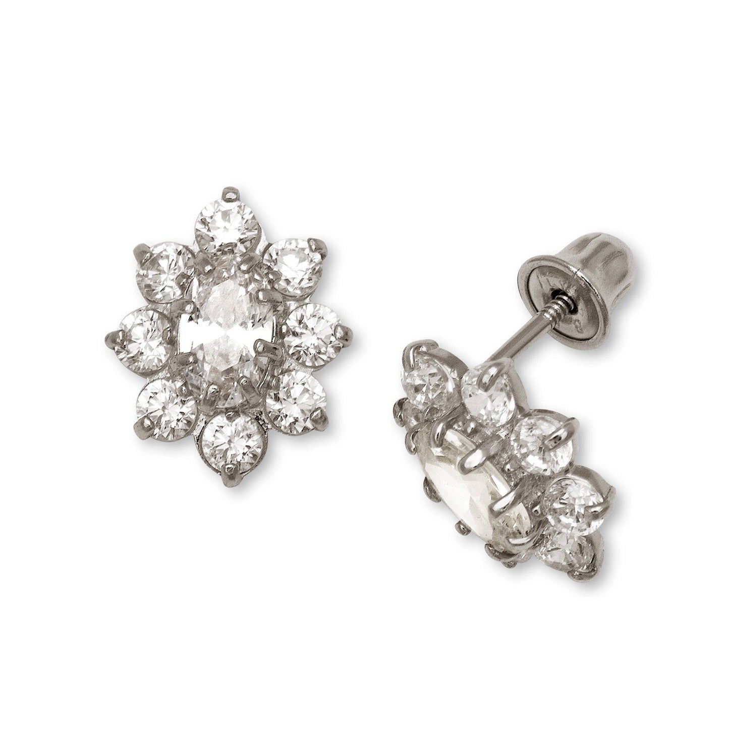 14K Yellow & White Gold CZ Flower Stud Screw Back Earrings for Women