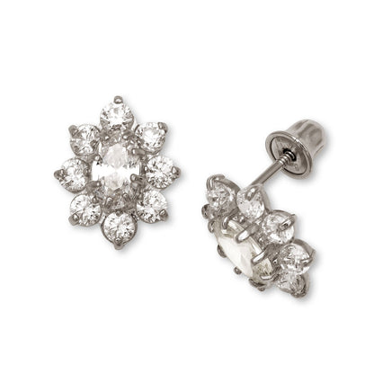 14K Yellow & White Gold CZ Flower Stud Screw Back Earrings for Women