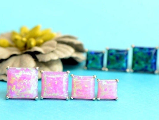 925 Sterling Silver Square Opal stud Earrings