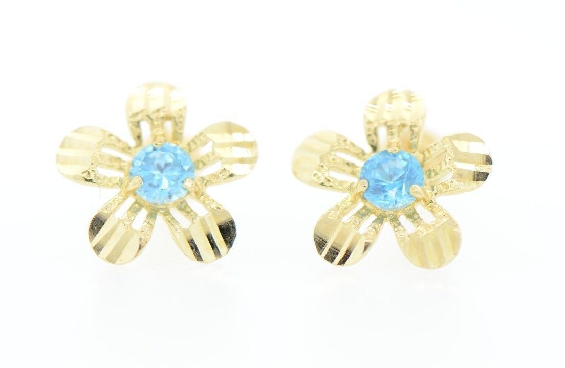 yellow gold 14k flower earrings cz stud back screw