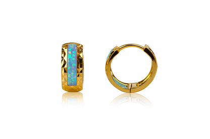14k Yellow Gold Light Blue Opal Huggie Hoop Earrings