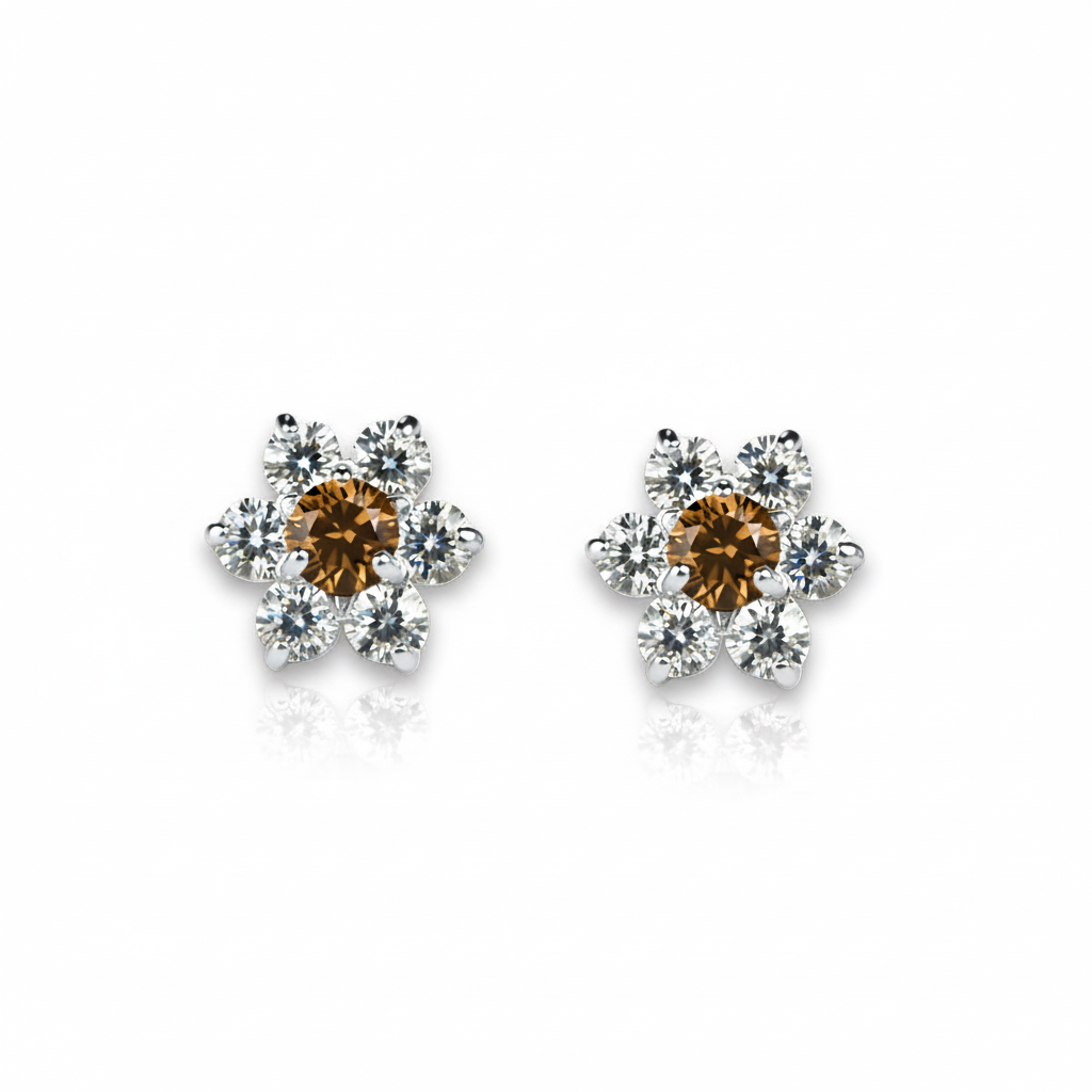14K White Gold Beautiful Flower CZ Stud Earrings for Women