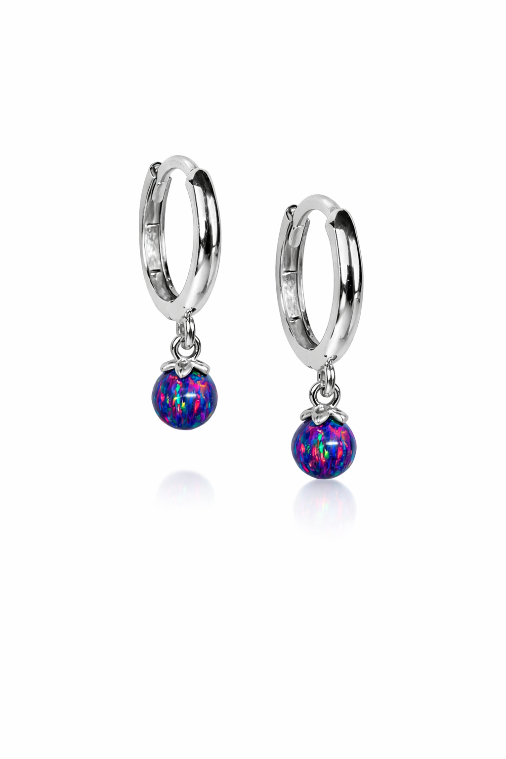 14k Yellow / White Gold Purple Opal Huggie Dangle Earrings